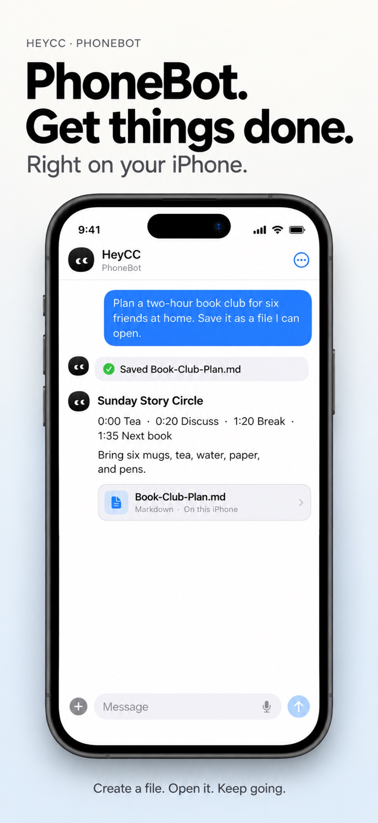 HeyCC on iPhone creating and saving a book-club plan as a Markdown file