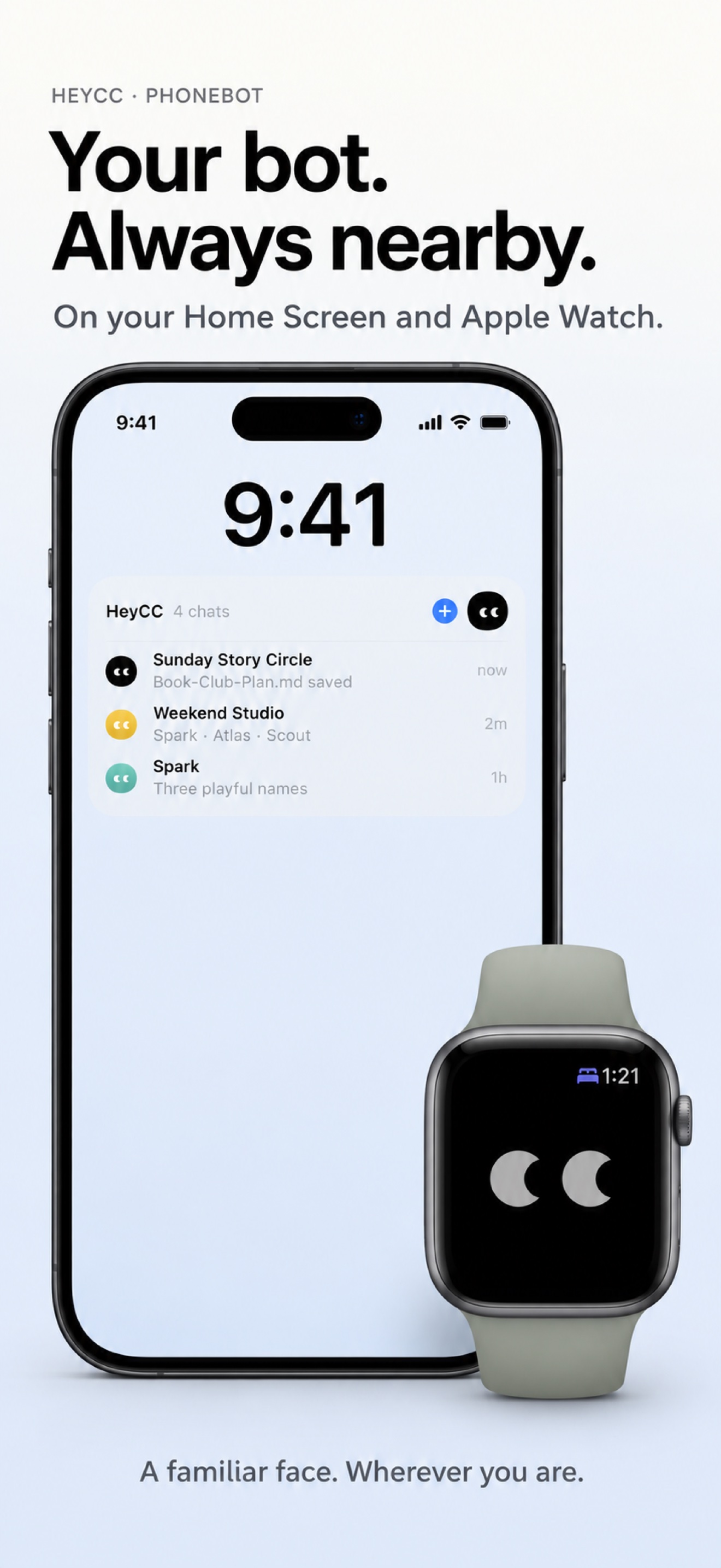 HeyCC companion experience shown on an iPhone Home Screen and Apple Watch