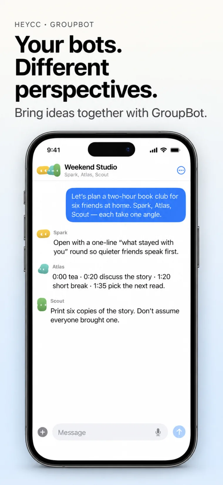 HeyCC GroupBot combining focused bot roles on iPhone